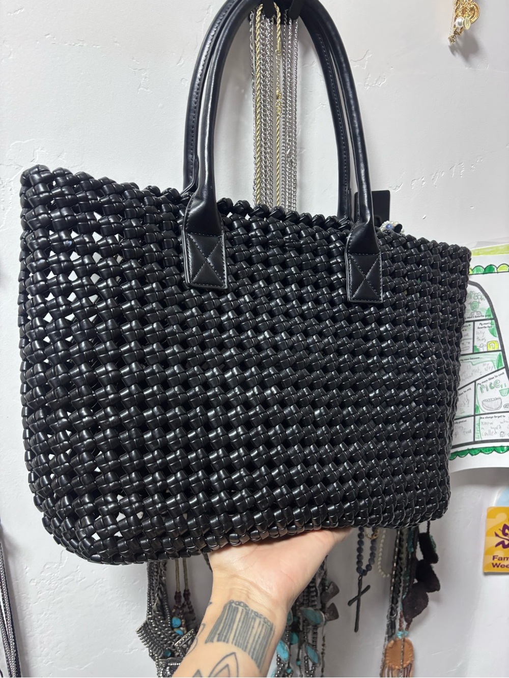 Large Classic Black Woven Tote Bag - Women's Handbag